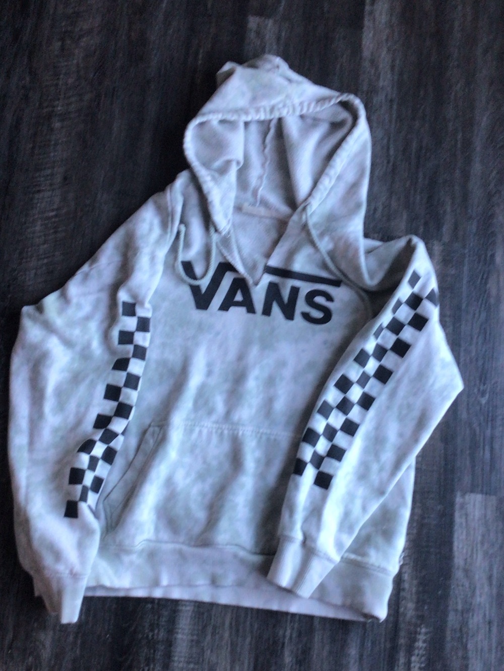 Vans Light Gray Pullover Hoodie with Black Checkerboard Sleeves